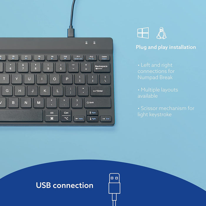 R-Go Tools Compact Break Keyboard - QWERTY (UK layout) - Featuring Break Indicator, Ergonomic Flat design, Wired USB-C/USB-A Connection - Windows/Mac/Linux Compatible