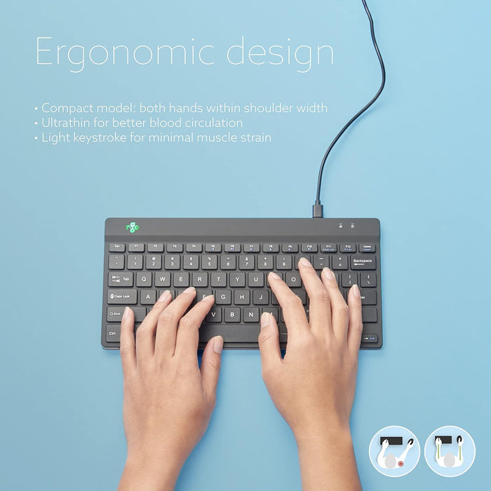 R-Go Tools Compact Break Keyboard - QWERTY (UK layout) - Featuring Break Indicator, Ergonomic Flat design, Wired USB-C/USB-A Connection - Windows/Mac/Linux Compatible