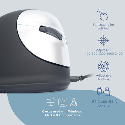 R-Go HE Souris Ergonomique Filaire, Avec Le Logiciel Anti-RSI, Prévention tendinite, Souris Verticale, Clic Silencieux, Compatible avec Windows/MacOS/Linux, 2400 DPI réglable et 5 boutons, Noir