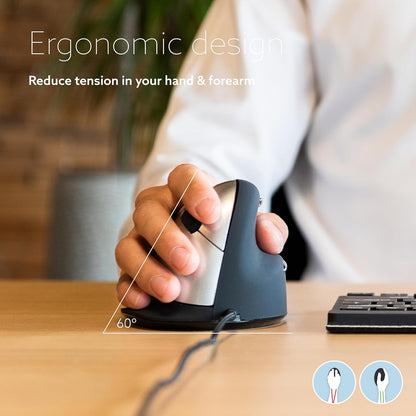 R-Go HE Souris Ergonomique Filaire, Avec Le Logiciel Anti-RSI, Prévention tendinite, Souris Verticale, Clic Silencieux, Compatible avec Windows/MacOS/Linux, 2400 DPI réglable et 5 boutons, Noir