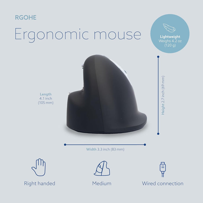 R-Go HE Souris Ergonomique Filaire, Avec Le Logiciel Anti-RSI, Prévention tendinite, Souris Verticale, Clic Silencieux, Compatible avec Windows/MacOS/Linux, 2400 DPI réglable et 5 boutons, Noir