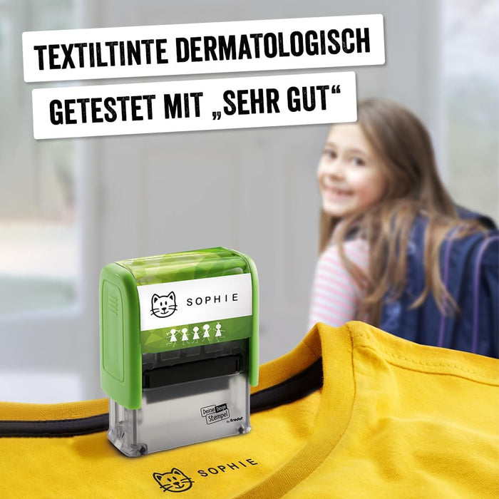 Trodat Stamp Your Things for Children, Stamp Set to Design Yourself - 3 Lines, German, Self-Inking Textile Stamps Machine Washable, 38 x 14 mm, Black Imprint, includes Accessories Your things stamps