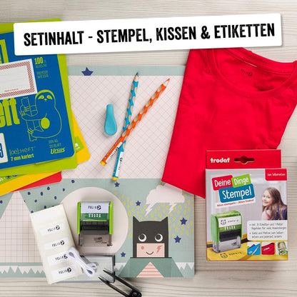 Trodat Stamp Your Things for Children, Stamp Set to Design Yourself - 3 Lines, German, Self-Inking Textile Stamps Machine Washable, 38 x 14 mm, Black Imprint, includes Accessories Your things stamps