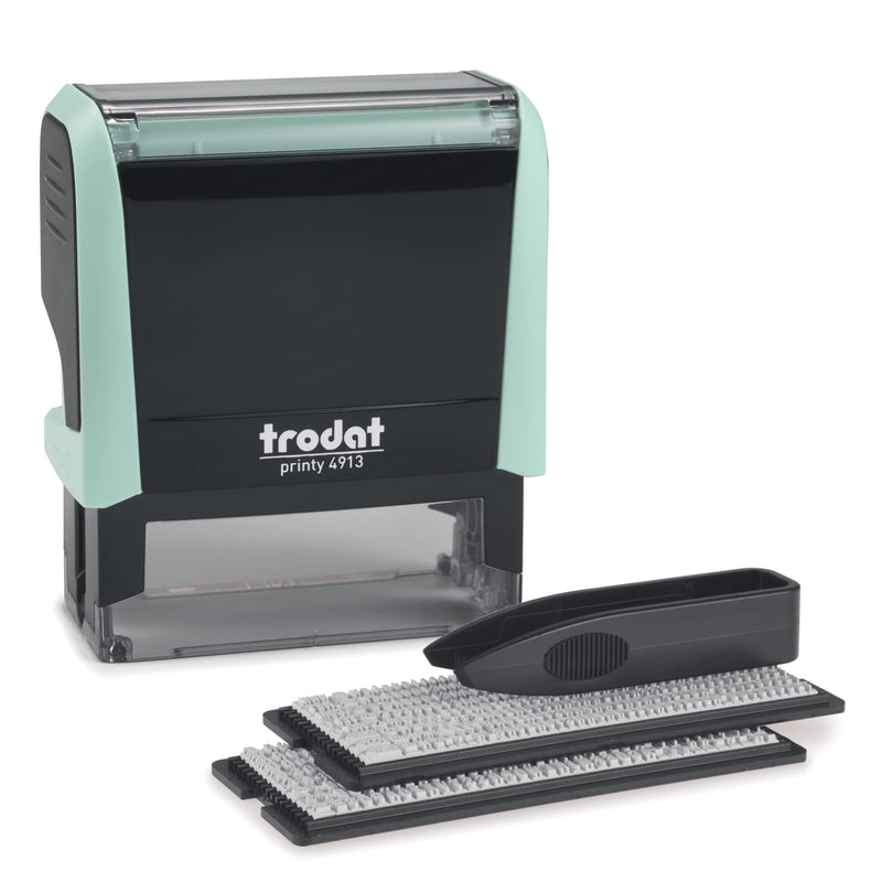 Trodat Printy 4913 Stamp Set in Pastel Green to Set Yourself – 5 Lines of Text, Imprint 58 x 22 mm, German, includes Tweezers, Ink Pad Black & Letter and Number Set in Two Sizes