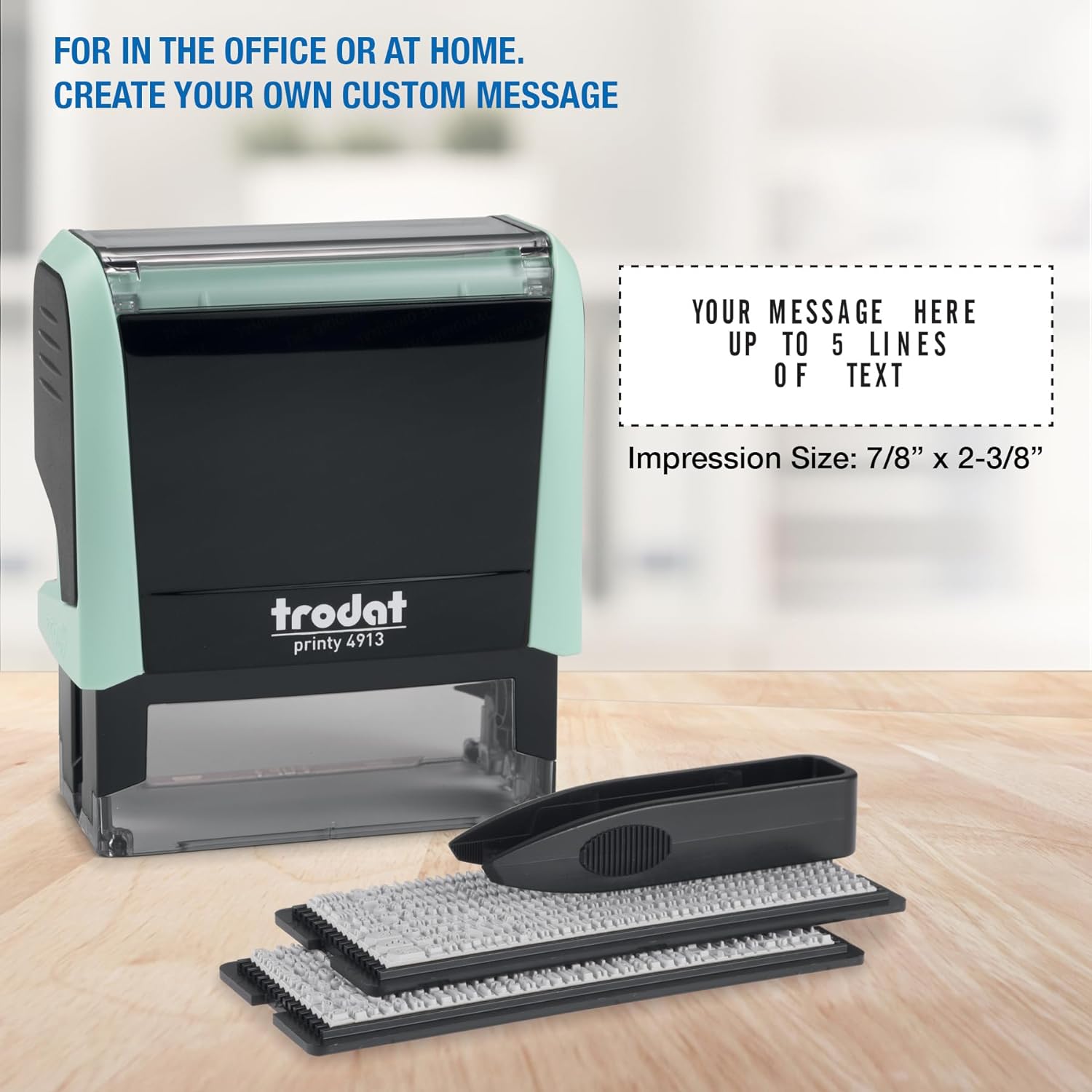 Trodat Printy 4913 Stamp Set in Pastel Green to Set Yourself – 5 Lines of Text, Imprint 58 x 22 mm, German, includes Tweezers, Ink Pad Black & Letter and Number Set in Two Sizes