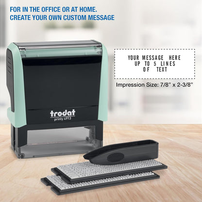 Trodat Printy 4913 Stamp Set in Pastel Green to Set Yourself – 5 Lines of Text, Imprint 58 x 22 mm, German, includes Tweezers, Ink Pad Black & Letter and Number Set in Two Sizes