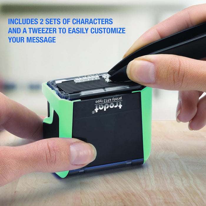 Trodat Printy 4913 Stamp Set in Pastel Green to Set Yourself – 5 Lines of Text, Imprint 58 x 22 mm, German, includes Tweezers, Ink Pad Black & Letter and Number Set in Two Sizes