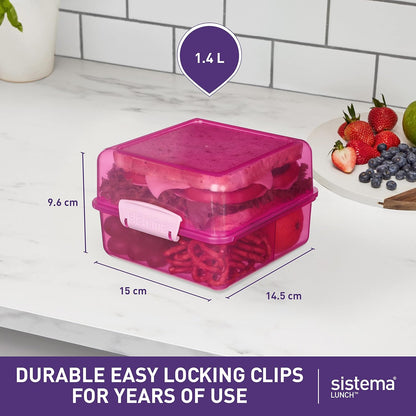 Sistema Lunch Box with Compartments ,1.4 L Lunch Cube ,Food Storage Container with Lid ,BPA-Free ,Assorted Colours