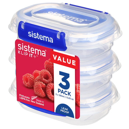 Sistema KLIP IT PLUS Food Storage Containers, 180 ml, 3 Piece Airtight Containers Set, Leak-Proof Seal, Easy Locking Clips, BPA-Free 180ml
