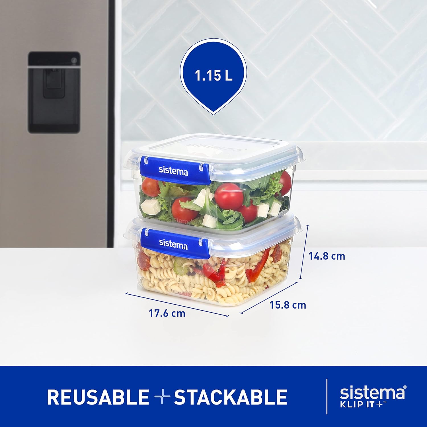 Sistema 886507 Klip It Plus Square Container Food Storage, Polypropylene, 1.15 liters, Clear