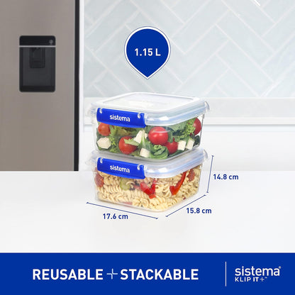 Sistema 886507 Klip It Plus Square Container Food Storage, Polypropylene, 1.15 liters, Clear