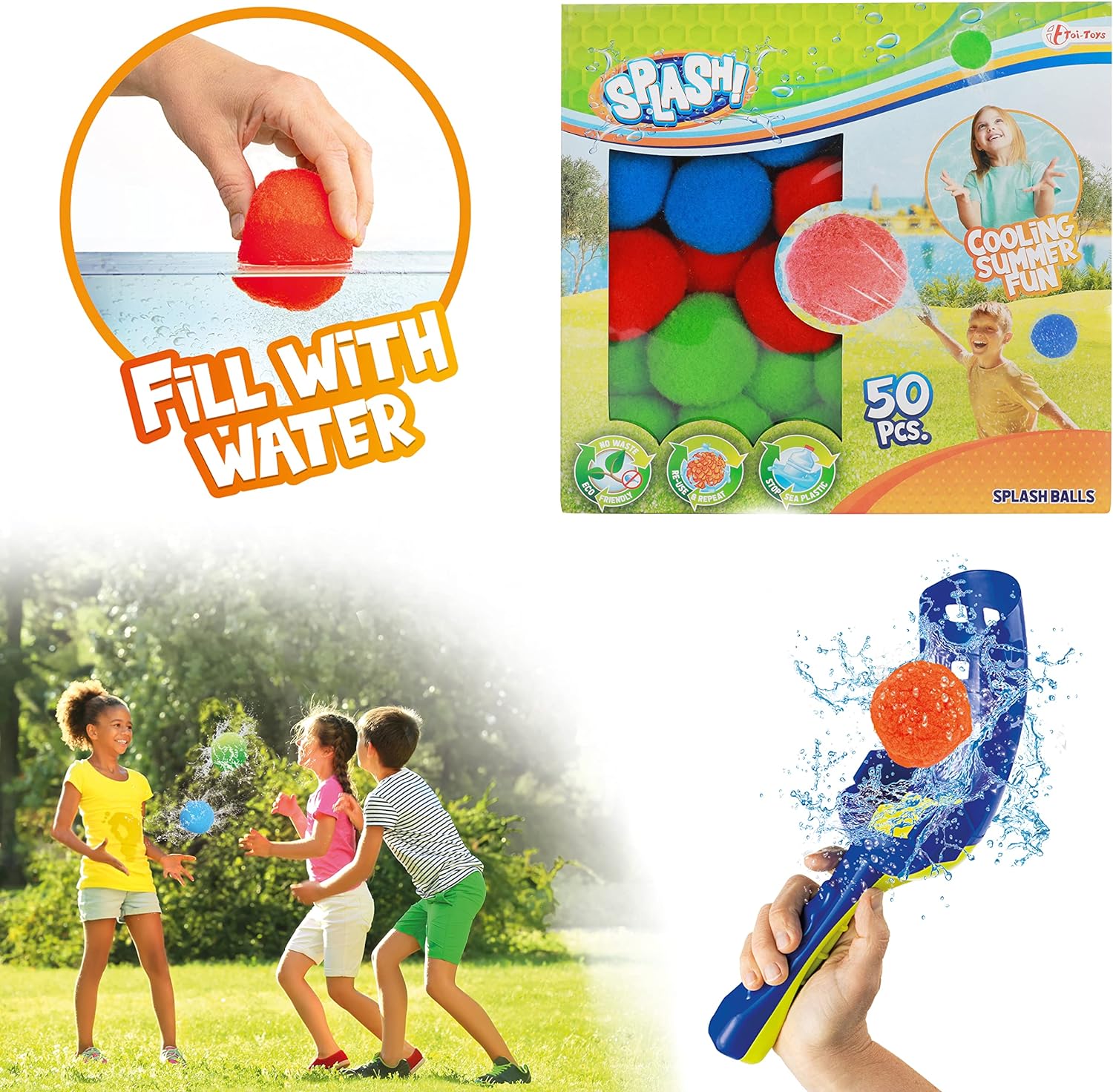 Toi-Toys wiederverwendbare Wasserbomben inklusive Ballschleuder - Wasserbälle Set - Wasser-Softball - Ø 8cm - 3 Stück - Sommer Outdoor