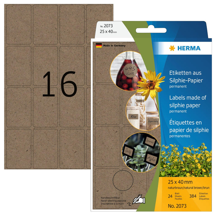 HERMA 2073 Multi-Purpose Labels, 24 Sheets, 25 x 40 mm, 16 Per Sheet, 384 Stickers, Self-Adhesive Household Labels for Labelling, Matt, Blank Adhesive Labels Made of Silphie Paper, Natural Brown
