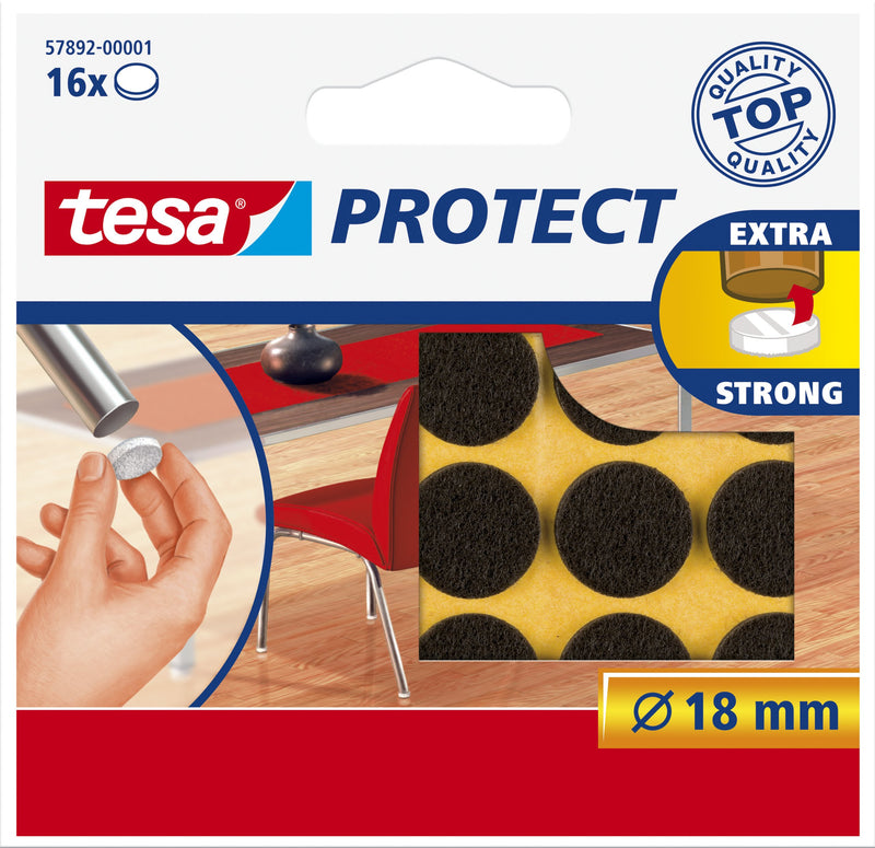 tesa UK Protect Anti Scratch Self Adhesive Felt 18 mm Dia - Brown, 16 Pads 18 mm Diameter/16 Pads Brown