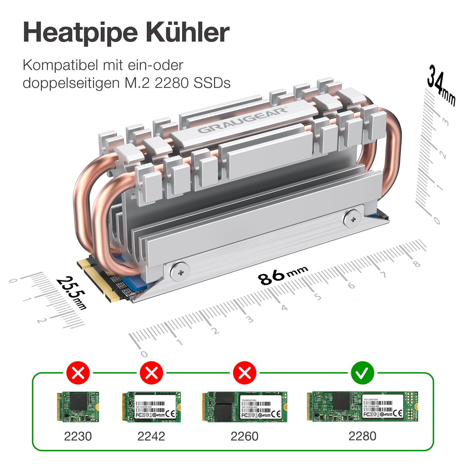 GRAUGEAR M.2 NVMe SSD (2280) Heatpipe Heatsink, Silent Cooler, Reduces Temperature by up to 45%, 4X Thermal Pads, Copper Heatpipe, G-M2HS06