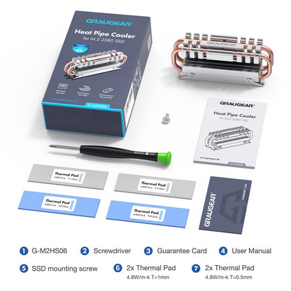 GRAUGEAR M.2 NVMe SSD (2280) Heatpipe Heatsink, Silent Cooler, Reduces Temperature by up to 45%, 4X Thermal Pads, Copper Heatpipe, G-M2HS06