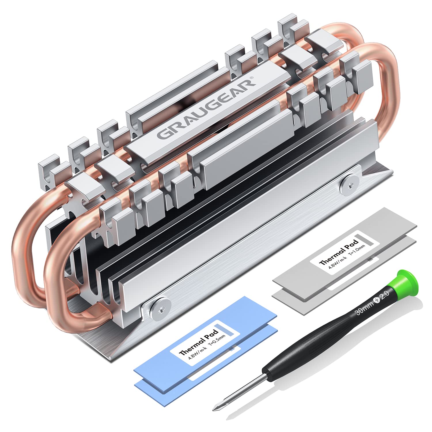 GRAUGEAR M.2 NVMe SSD (2280) Heatpipe Heatsink, Silent Cooler, Reduces Temperature by up to 45%, 4X Thermal Pads, Copper Heatpipe, G-M2HS06