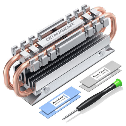 GRAUGEAR M.2 NVMe SSD (2280) Heatpipe Heatsink, Silent Cooler, Reduces Temperature by up to 45%, 4X Thermal Pads, Copper Heatpipe, G-M2HS06