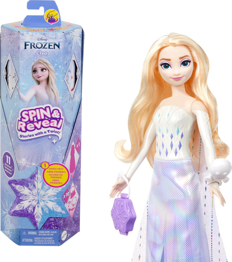 Mattel Disney Frozen Elsa Spin And Reveal Muñeca princesa que revela sorpresas y accesorios, juguete +3 años (HTG25