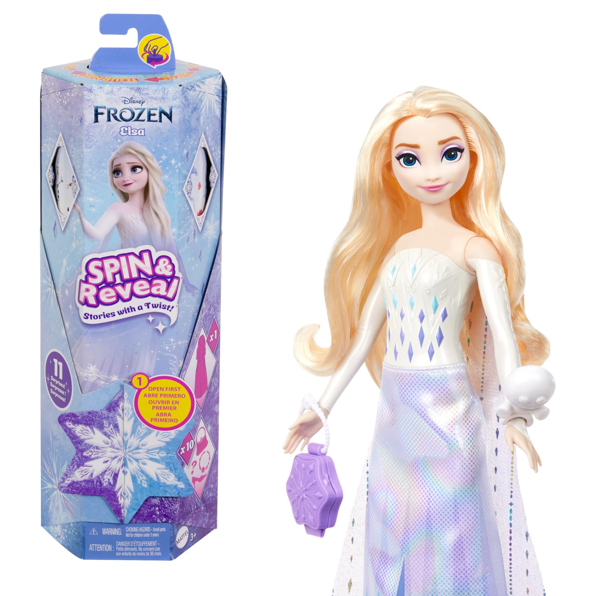Mattel Disney Frozen Elsa Spin And Reveal Muñeca princesa que revela sorpresas y accesorios, juguete +3 años (HTG25
