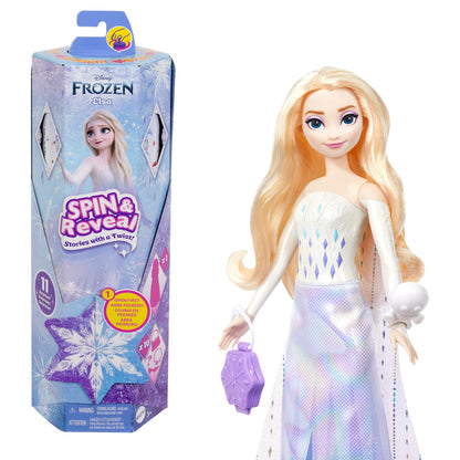 Mattel Disney Frozen Elsa Spin And Reveal Muñeca princesa que revela sorpresas y accesorios, juguete +3 años (HTG25