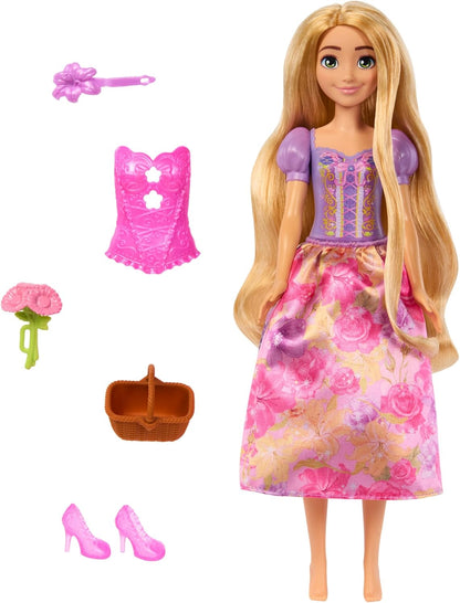 Mattel Disney Princess Rapunzel Fashion Doll Set, Spin & Reveal with 11 Surprises Including 5 Accessories, 5 Stickers & Play Scene, Inspired by Movie, HTV86