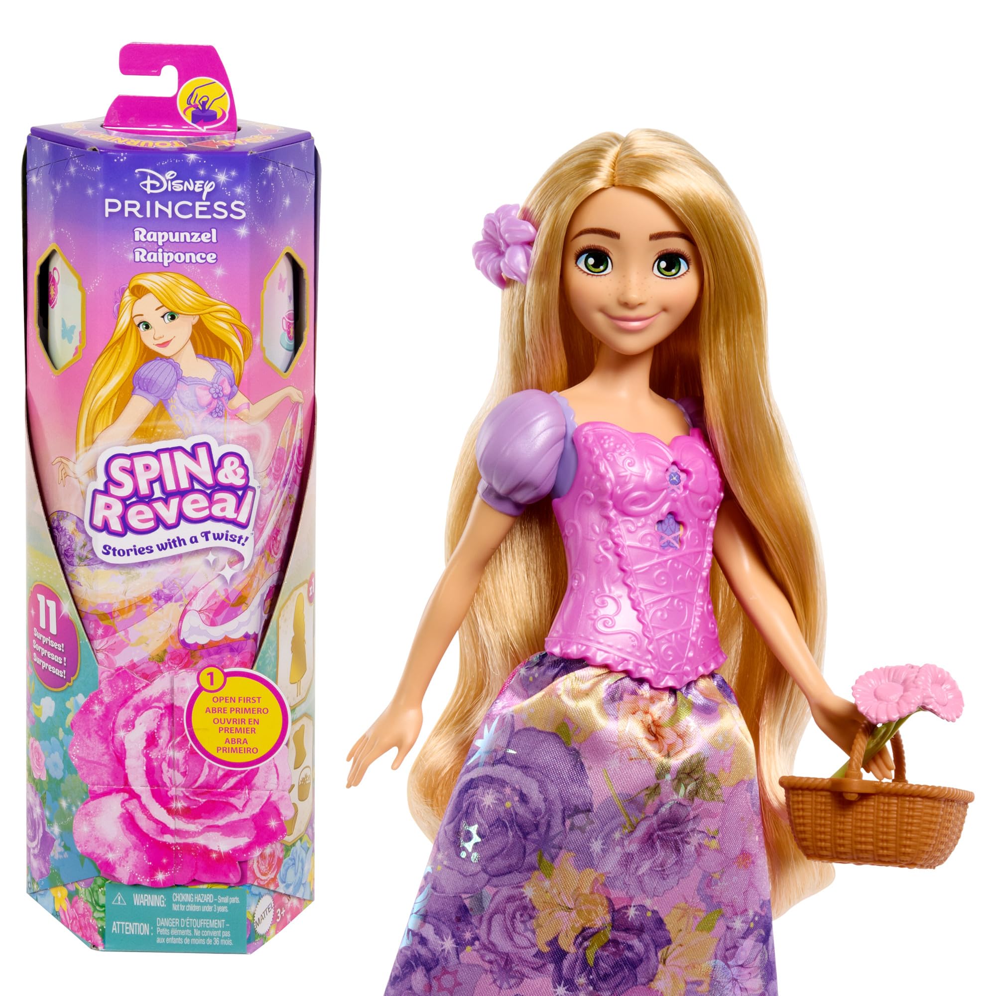Mattel Disney Princess Rapunzel Fashion Doll Set, Spin & Reveal with 11 Surprises Including 5 Accessories, 5 Stickers & Play Scene, Inspired by Movie, HTV86