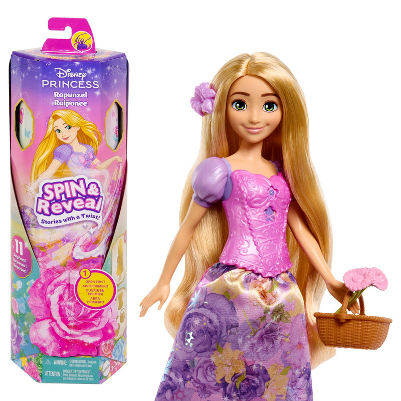 Mattel Disney Princess Rapunzel Fashion Doll Set, Spin & Reveal with 11 Surprises Including 5 Accessories, 5 Stickers & Play Scene, Inspired by Movie, HTV86
