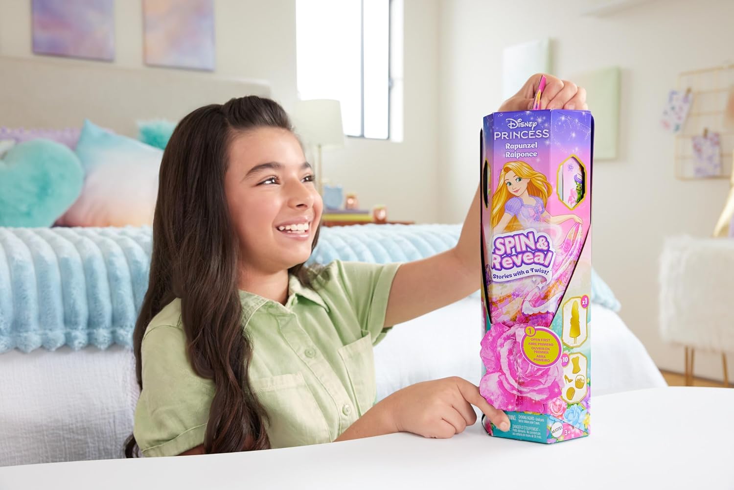 Mattel Disney Princess Rapunzel Fashion Doll Set, Spin & Reveal with 11 Surprises Including 5 Accessories, 5 Stickers & Play Scene, Inspired by Movie, HTV86