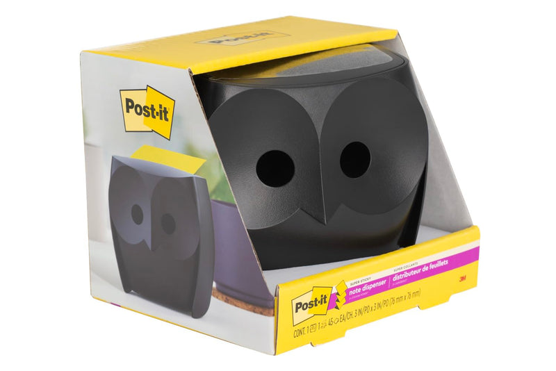 Post-it Z-Notes Dispenser Owl Black + Post-it Super Sticky Z-Notes - 1 Dispenser, 2 Pads (90 Sheets), 76 mm x 76 mm - For Convenient One-Hand Dispensing on Your Desk