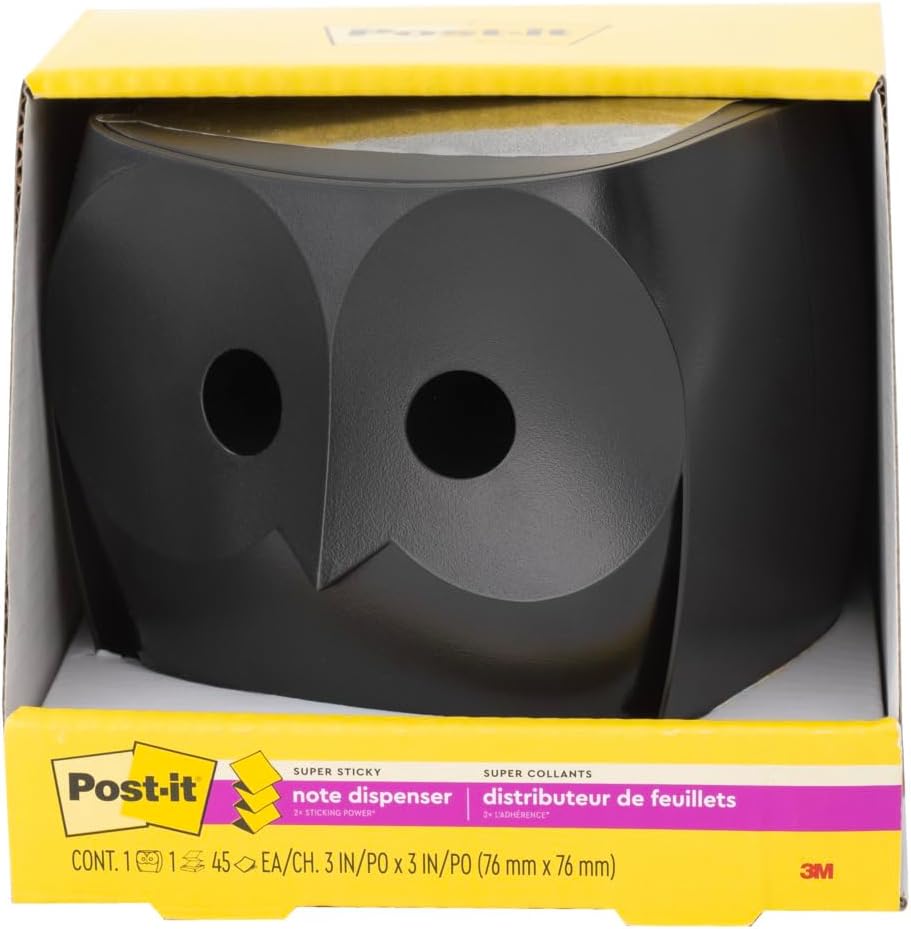 Post-it Z-Notes Dispenser Owl Black + Post-it Super Sticky Z-Notes - 1 Dispenser, 2 Pads (90 Sheets), 76 mm x 76 mm - For Convenient One-Hand Dispensing on Your Desk