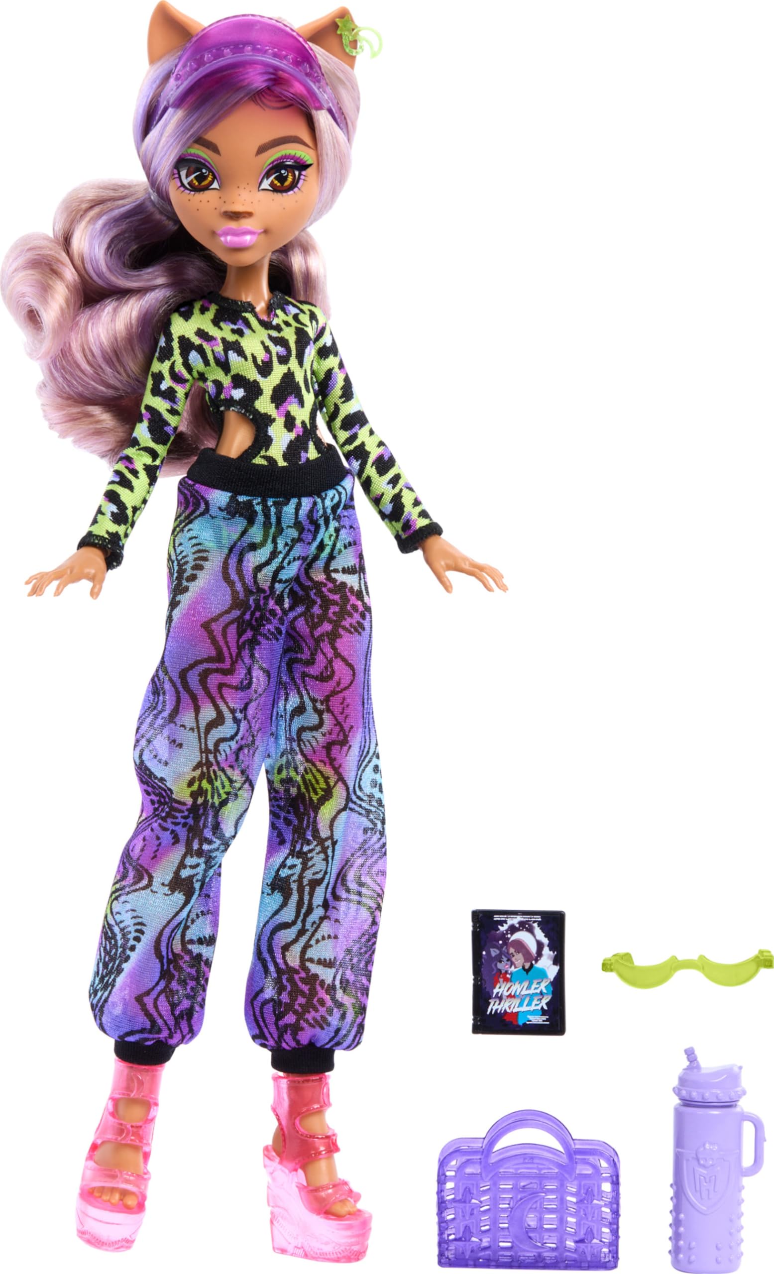 Monster High Scare-adise Island Clawdeen Wolf Doll with Swimsuit, Joggers & Beach Accessories Like Visor, Water Bottle, & Book