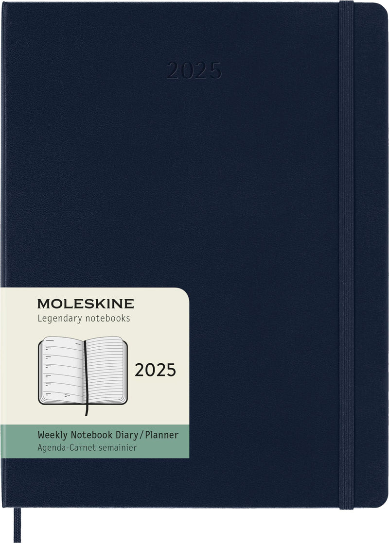 Moleskine Weekly Planner, Weekly Agenda with Space for Notes 12 Months 2025, Hard Cover and Elastic Closure, Sapphire Blue Color, Extra Large Format 19x25 cm