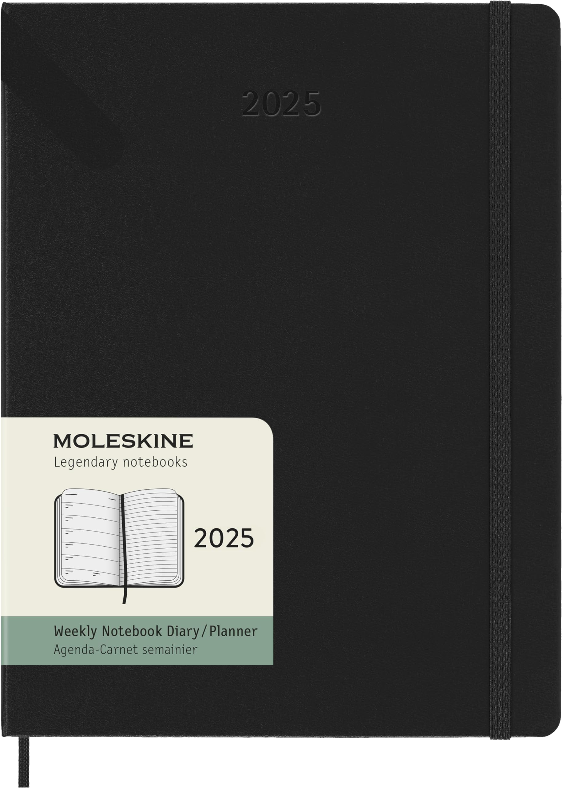 Moleskine Weekly Planner, Weekly Agenda with Space for Notes 12 Months 2025, Hard Cover and Elastic Closure, Black Color, Extra Large Format 19x25 cm