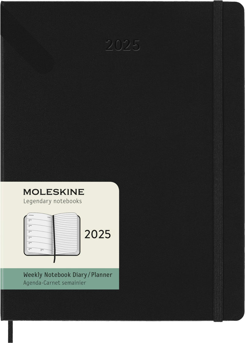 Moleskine Weekly Planner, Weekly Agenda with Space for Notes 12 Months 2025, Hard Cover and Elastic Closure, Black Color, Extra Large Format 19x25 cm