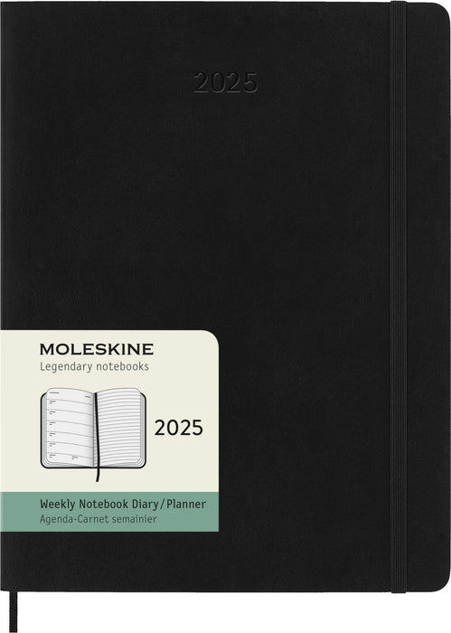 Moleskine Weekly Planner, Weekly Agenda with Space for Notes 12 Months 2025, Soft Cover and Elastic Closure, Black Color, Extra Large Format 19x25 cm