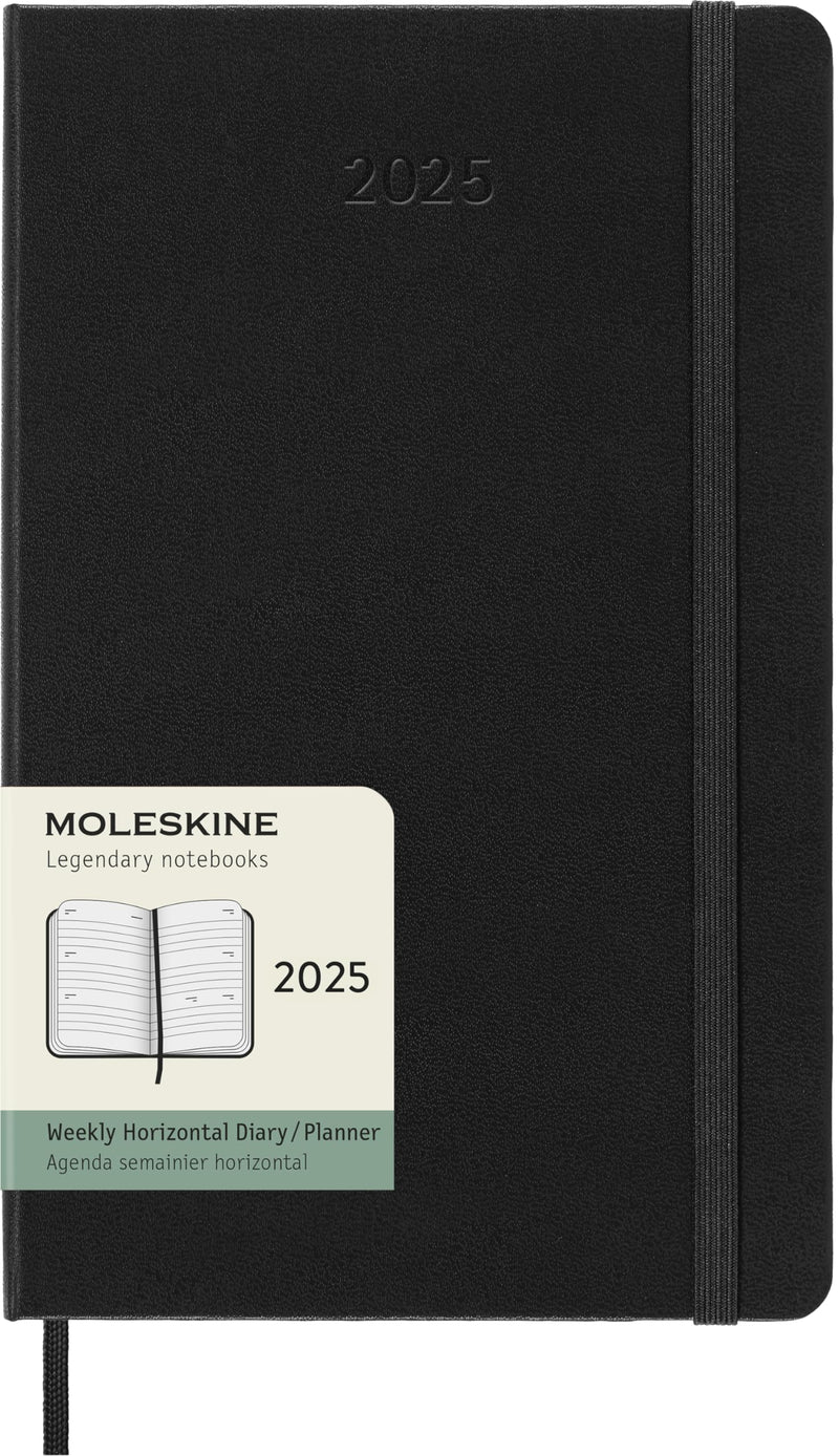 Moleskine Weekly Planner, Horizontal 12-Month 2025 Agenda, HardCover and ElasticClosure, BlackColor, LargeFormat 13x21 cm