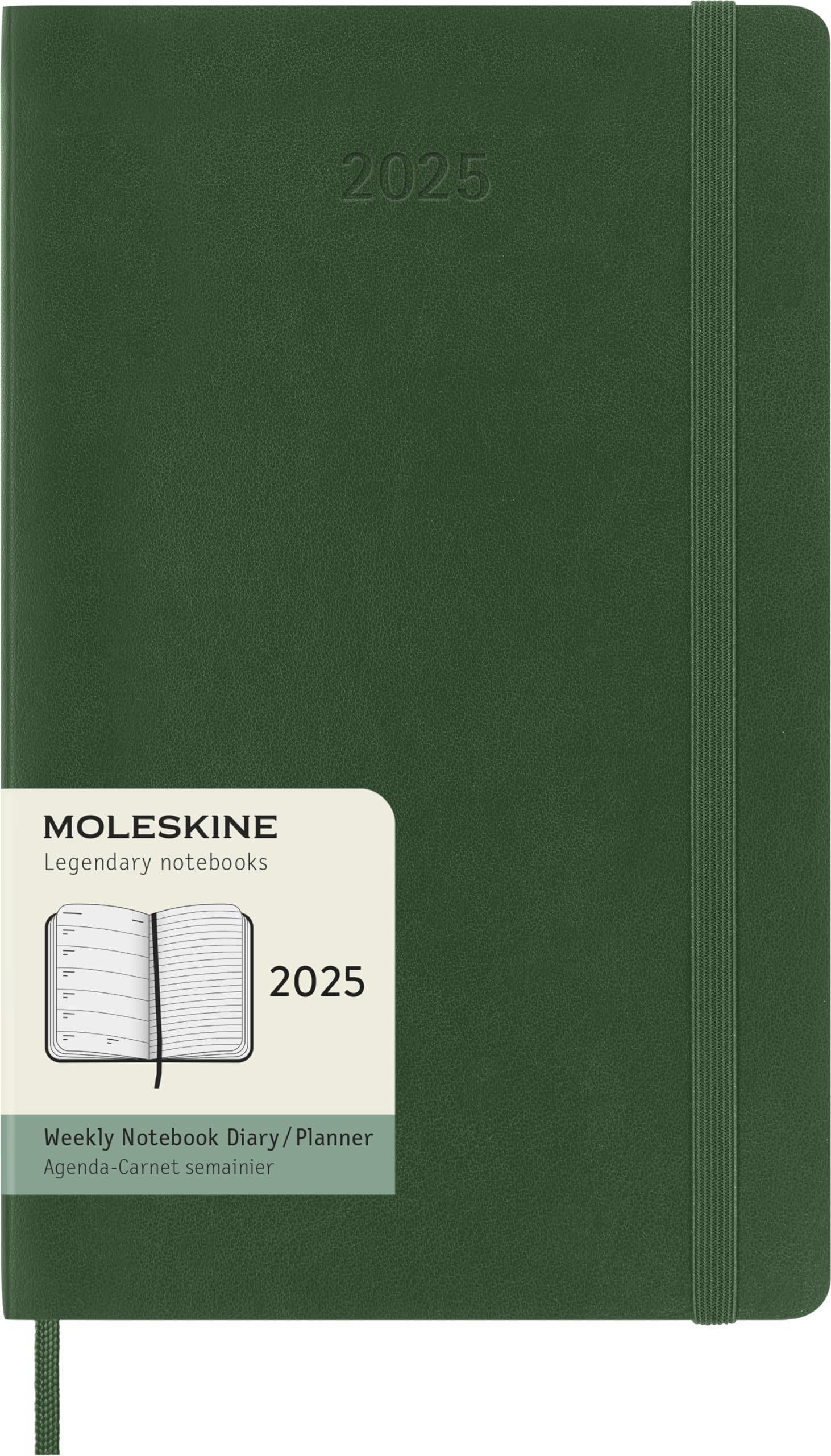 Moleskine Weekly Planner, Weekly Agenda with Space for Notes 12 Months 2025, Soft Cover and Elastic Closure, Myrtle Green Color, Large Format 13x21 cm