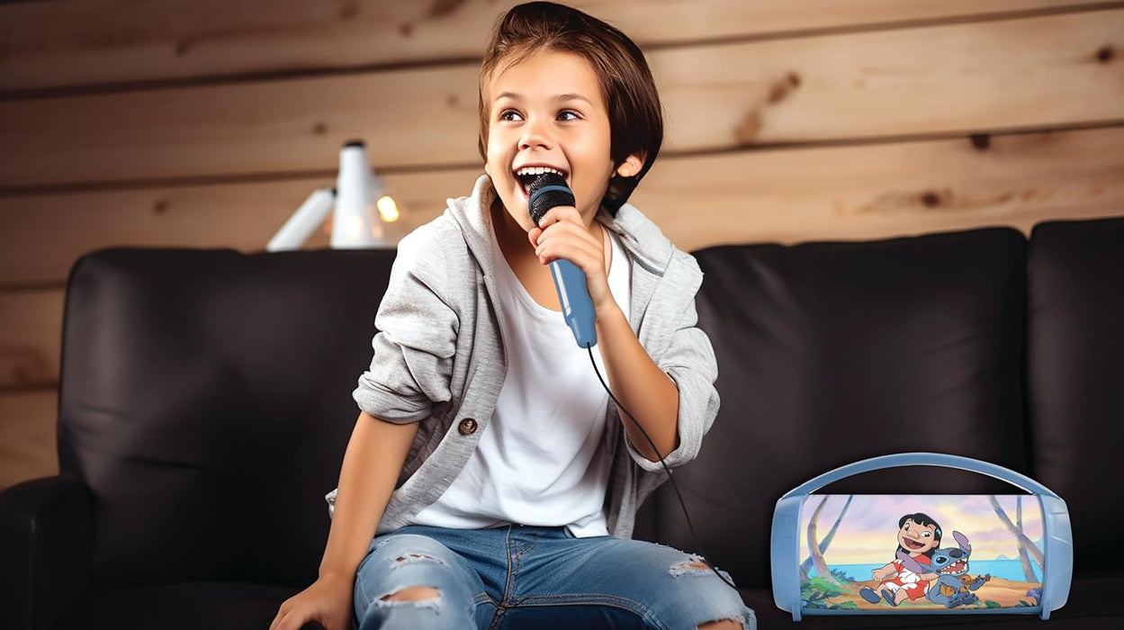Lexibook, Disney Stitch, Wireless light speaker with microphone, Stereo sound, Karaoke function, USB and SD card ports, Rechargeable battery, Handle to carry everywhere, Blue, BTP585DZ