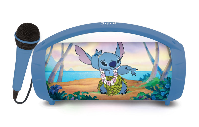 Lexibook, Disney Stitch, Wireless light speaker with microphone, Stereo sound, Karaoke function, USB and SD card ports, Rechargeable battery, Handle to carry everywhere, Blue, BTP585DZ