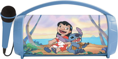 Lexibook, Disney Stitch, Wireless light speaker with microphone, Stereo sound, Karaoke function, USB and SD card ports, Rechargeable battery, Handle to carry everywhere, Blue, BTP585DZ