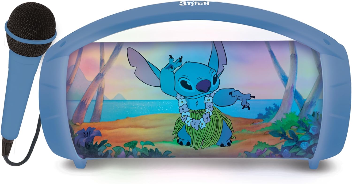 Lexibook, Disney Stitch, Wireless light speaker with microphone, Stereo sound, Karaoke function, USB and SD card ports, Rechargeable battery, Handle to carry everywhere, Blue, BTP585DZ