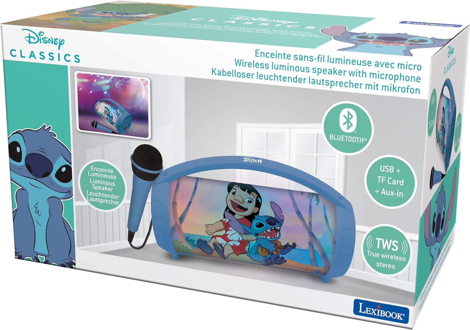 Lexibook, Disney Stitch, Wireless light speaker with microphone, Stereo sound, Karaoke function, USB and SD card ports, Rechargeable battery, Handle to carry everywhere, Blue, BTP585DZ