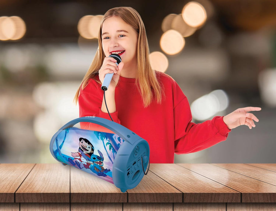 Lexibook, Disney Stitch, Wireless light speaker with microphone, Stereo sound, Karaoke function, USB and SD card ports, Rechargeable battery, Handle to carry everywhere, Blue, BTP585DZ