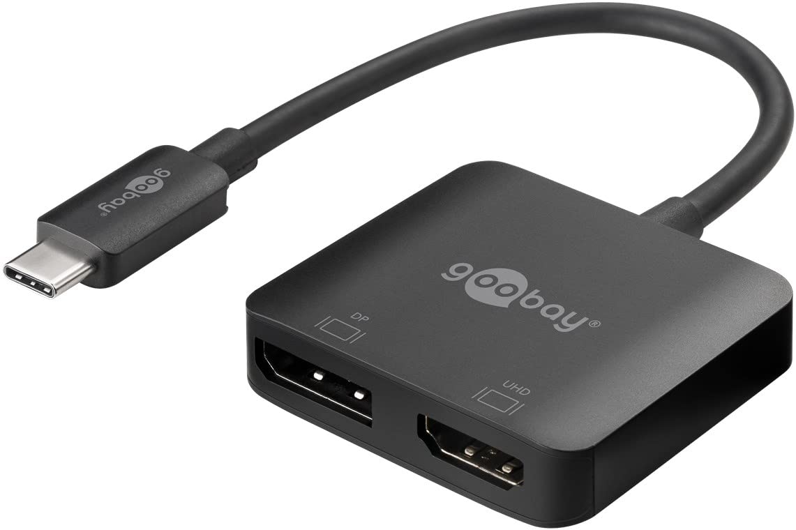 goobay 60172 USB-C to HDMI & DisplayPort Adapter for Expanding to 2 Monitors Simultaneously/Multiport USB Type C Hub / 2X 4K @ 60Hz Screen Resolution/USB-C Male to HDMI & DP Female