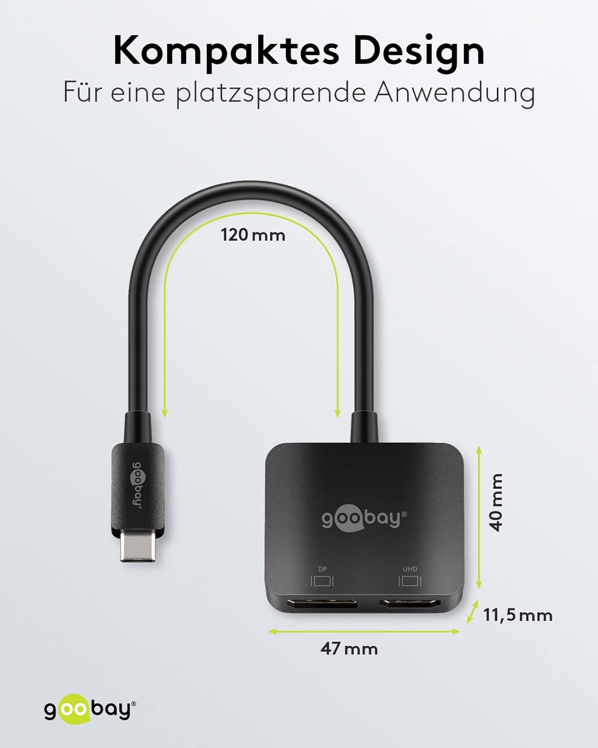 goobay 60172 USB-C to HDMI & DisplayPort Adapter for Expanding to 2 Monitors Simultaneously/Multiport USB Type C Hub / 2X 4K @ 60Hz Screen Resolution/USB-C Male to HDMI & DP Female