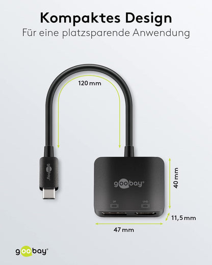 goobay 60172 USB-C to HDMI & DisplayPort Adapter for Expanding to 2 Monitors Simultaneously/Multiport USB Type C Hub / 2X 4K @ 60Hz Screen Resolution/USB-C Male to HDMI & DP Female