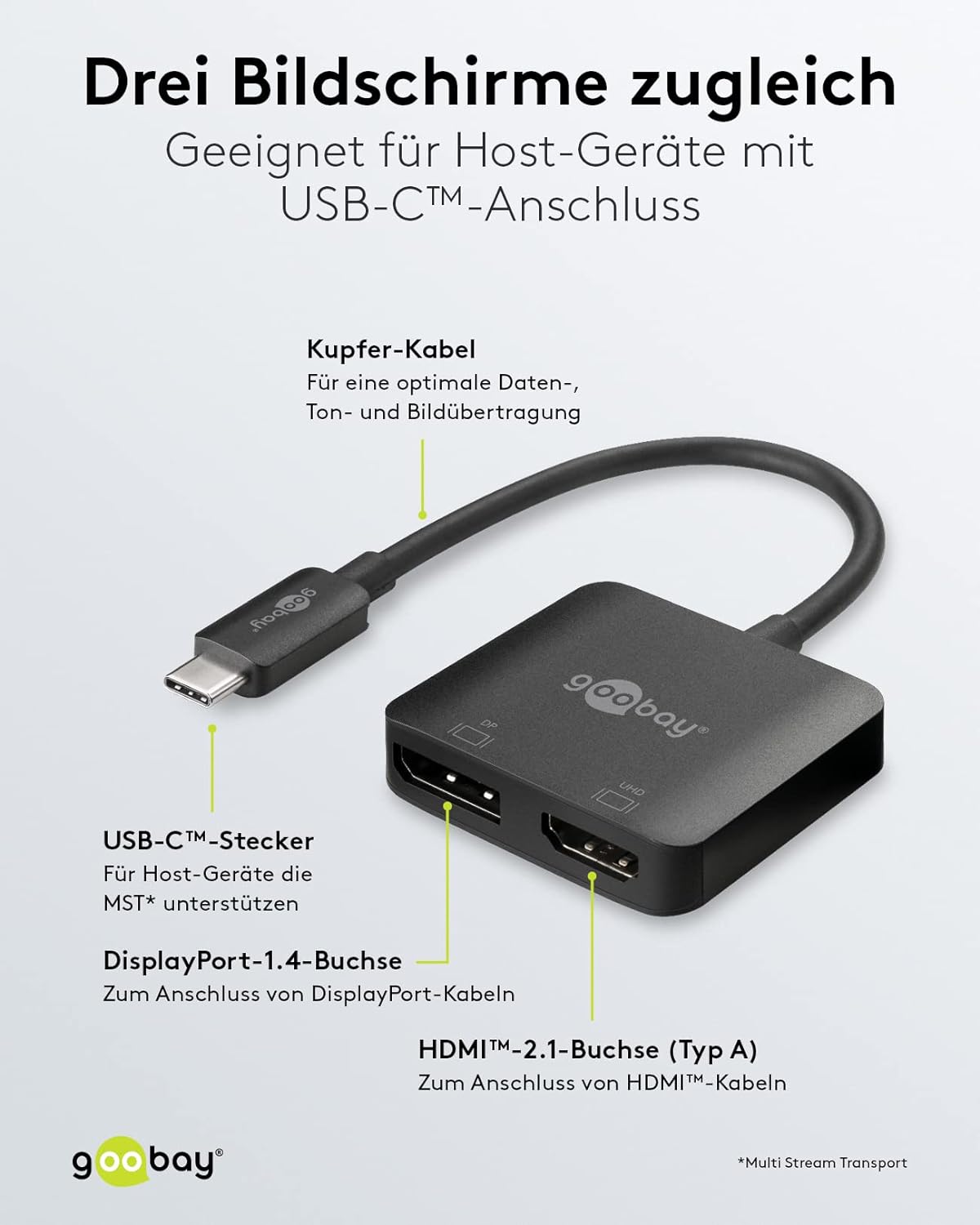 goobay 60172 USB-C to HDMI & DisplayPort Adapter for Expanding to 2 Monitors Simultaneously/Multiport USB Type C Hub / 2X 4K @ 60Hz Screen Resolution/USB-C Male to HDMI & DP Female
