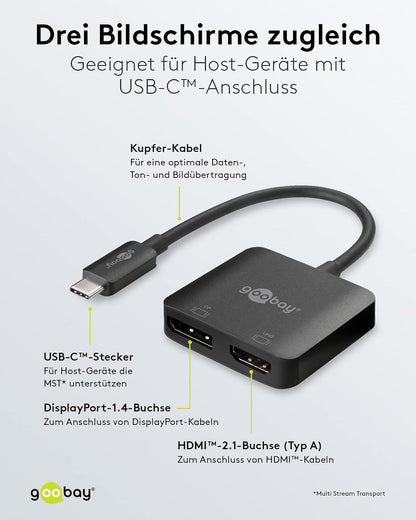 goobay 60172 USB-C to HDMI & DisplayPort Adapter for Expanding to 2 Monitors Simultaneously/Multiport USB Type C Hub / 2X 4K @ 60Hz Screen Resolution/USB-C Male to HDMI & DP Female