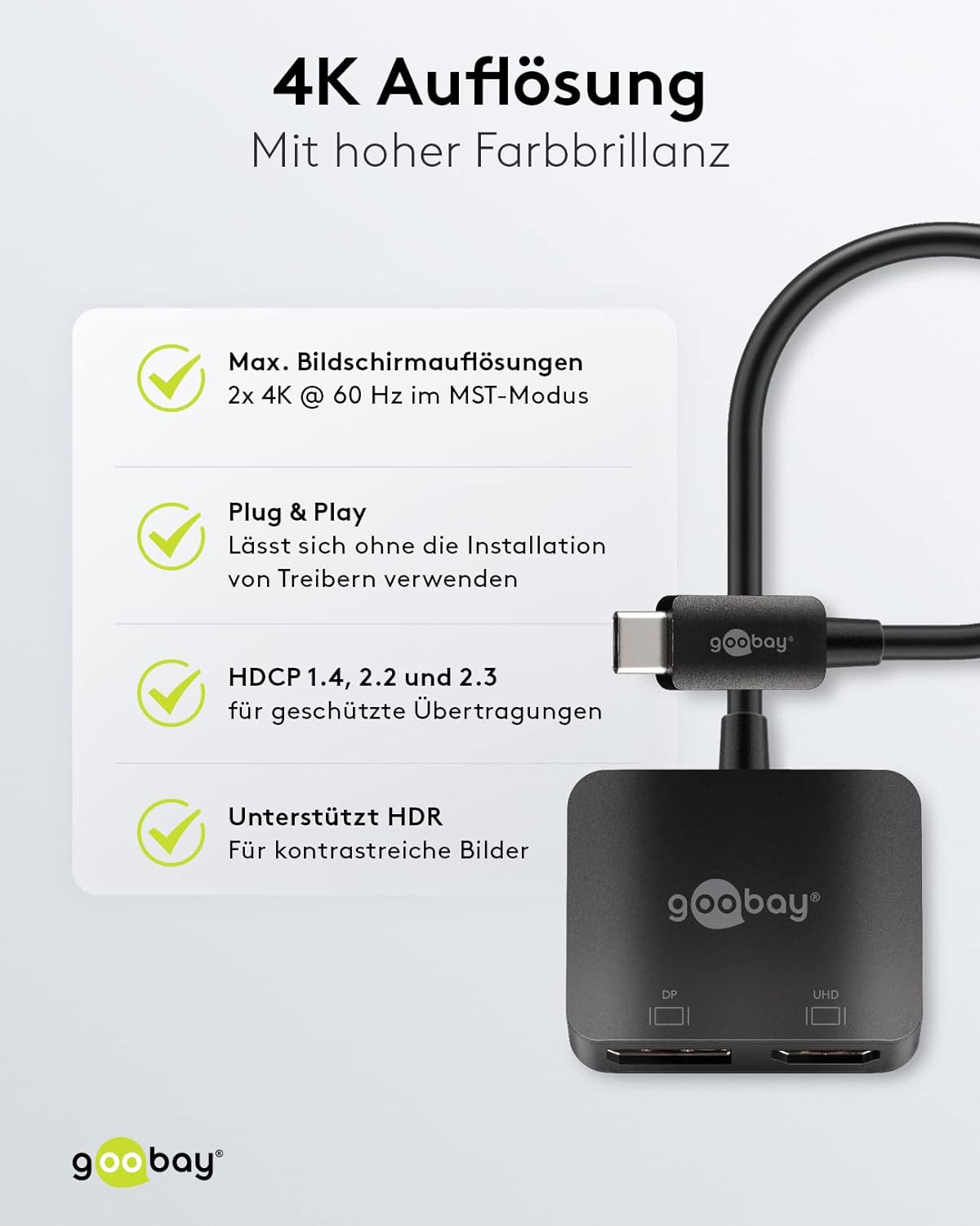 goobay 60172 USB-C to HDMI & DisplayPort Adapter for Expanding to 2 Monitors Simultaneously/Multiport USB Type C Hub / 2X 4K @ 60Hz Screen Resolution/USB-C Male to HDMI & DP Female